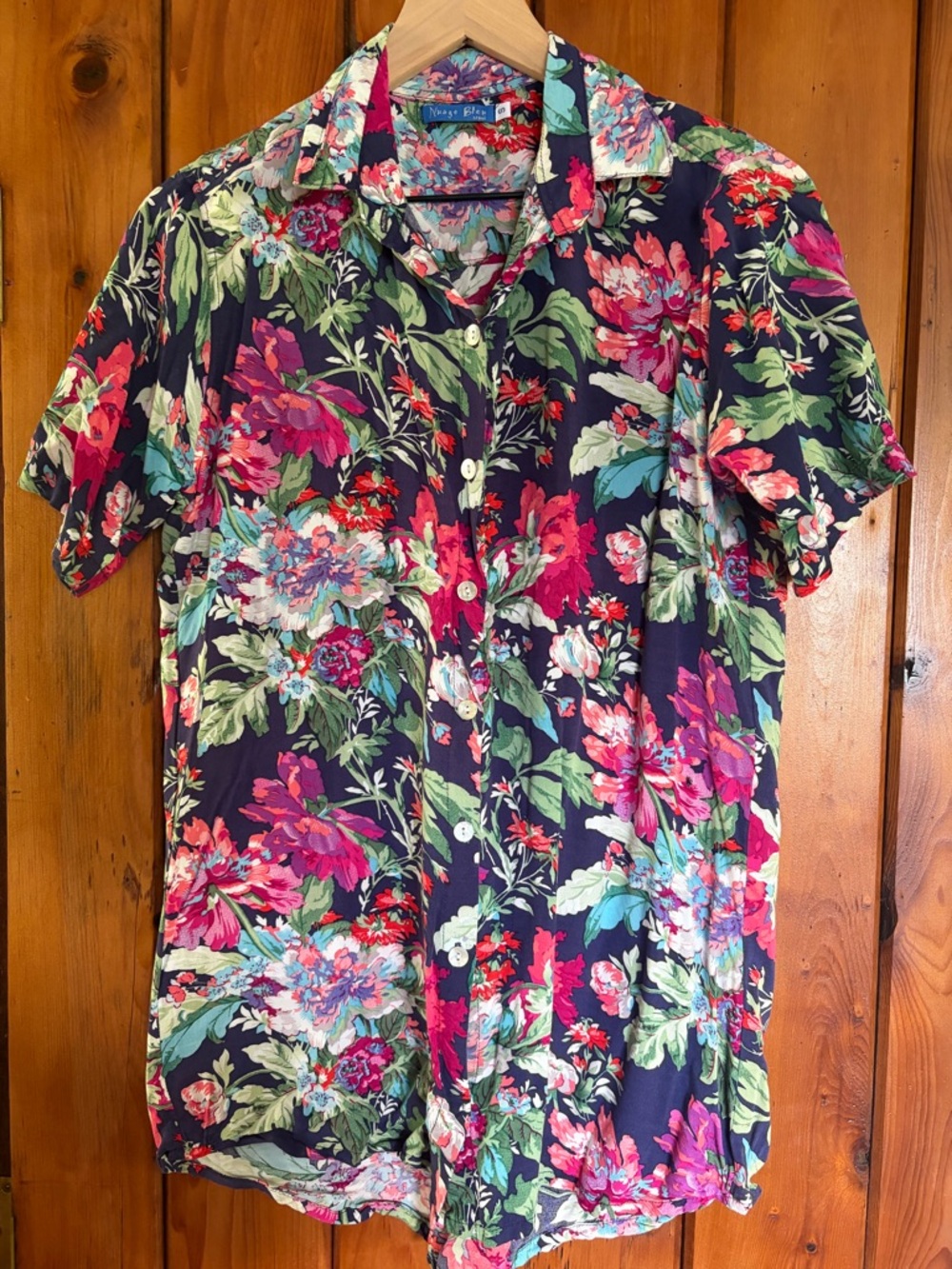Nuage Bleu Vintage-Inspired Floral Short-Sleeve Shirt small